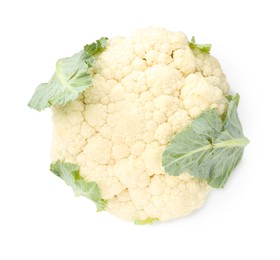 Photo of One fresh cauliflower with green leaves isolated on white, top view