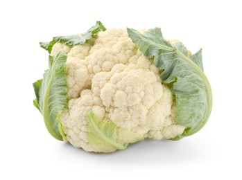 Photo of One fresh cauliflower with green leaves isolated on white