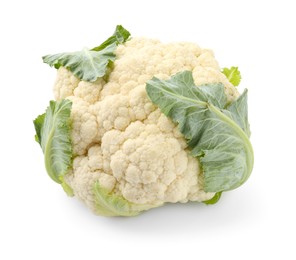 Photo of One fresh cauliflower with green leaves isolated on white