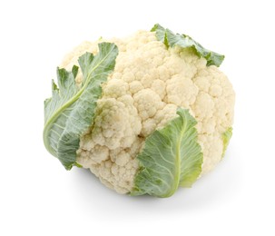 Photo of One fresh cauliflower with green leaves isolated on white