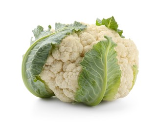 Photo of One fresh cauliflower with green leaves isolated on white