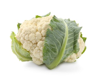 Photo of One fresh cauliflower with green leaves isolated on white