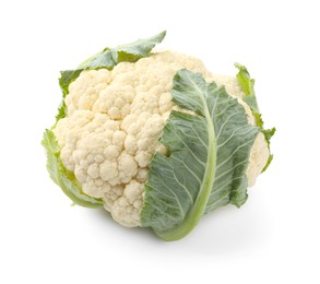 Photo of One fresh cauliflower with green leaves isolated on white