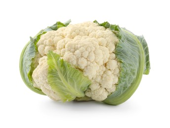 Photo of One fresh cauliflower with green leaves isolated on white