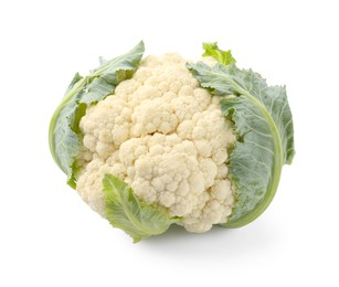 Photo of One fresh cauliflower with green leaves isolated on white
