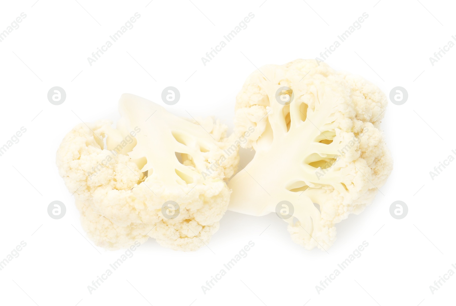 Pieces of fresh cauliflower florets isolated on white, top view Photo of Pieces of fresh cauliflower florets isolated on white, top view