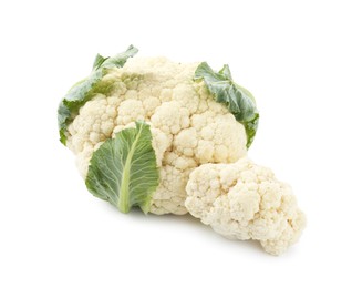 Photo of One fresh cauliflower head and floret isolated on white