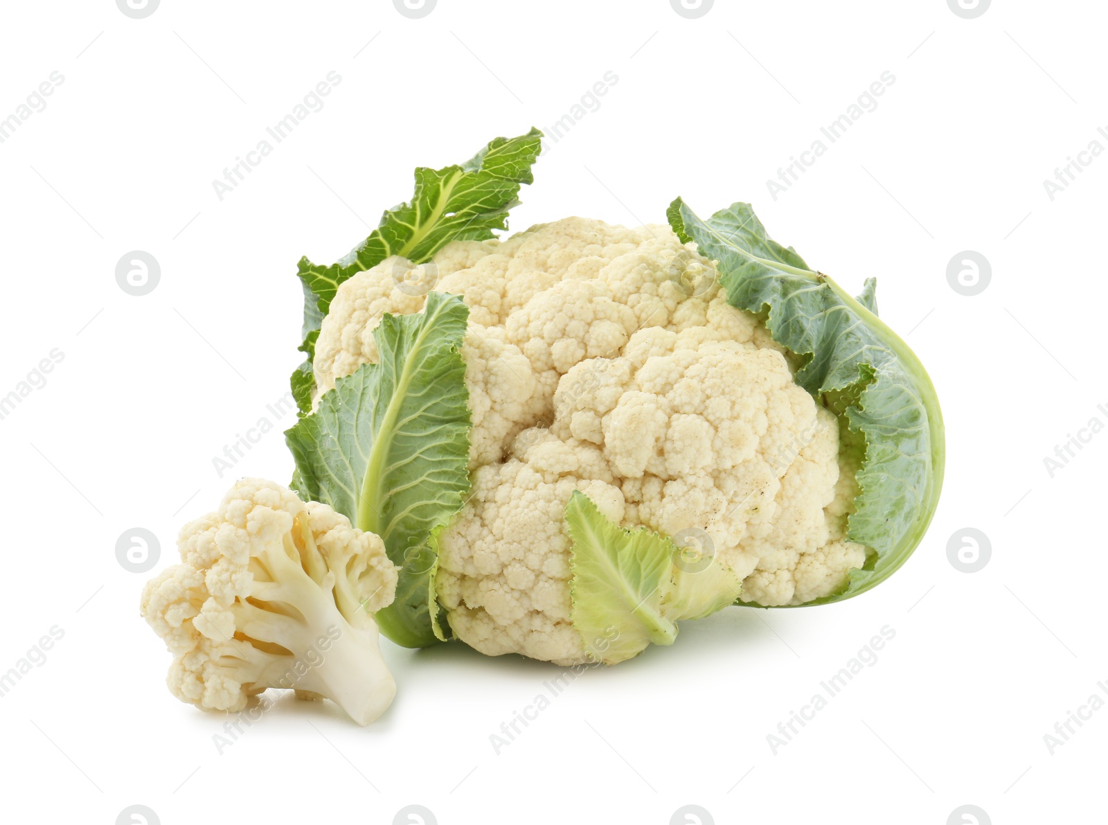 Photo of One fresh cauliflower head and floret isolated on white