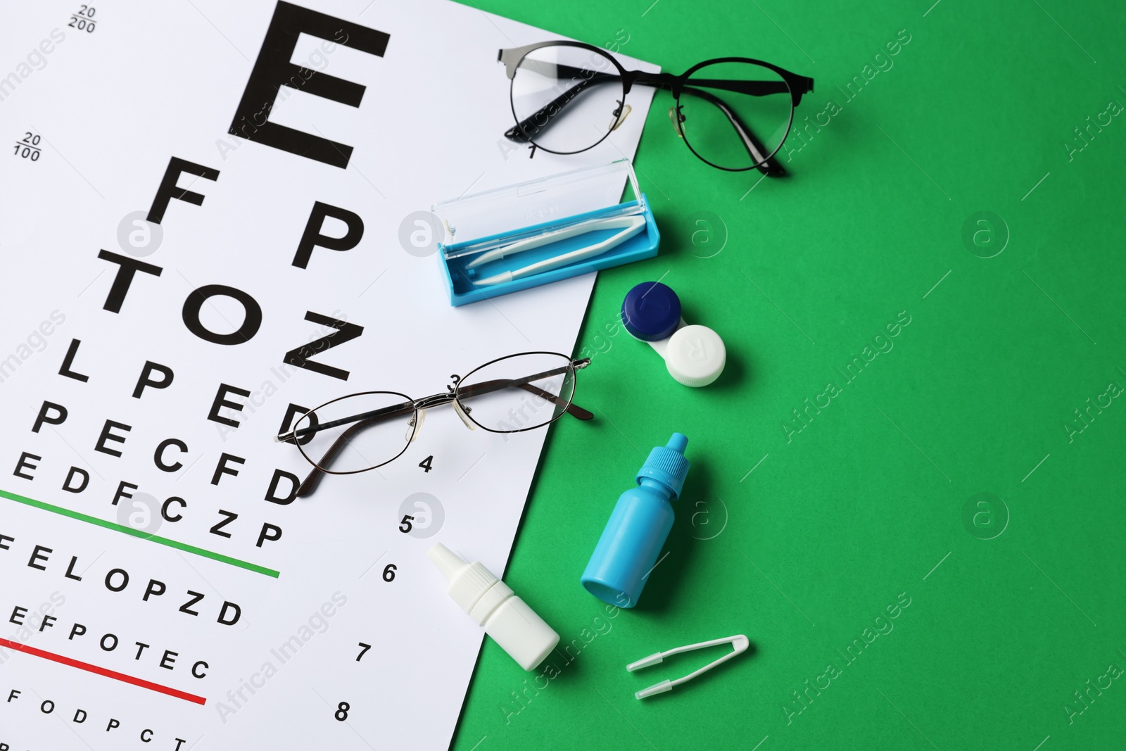 Vision test chart, glasses, lenses, bottles of medical drops and tweezers on green background, flat lay. Space for text Photo of Vision test chart, glasses, lenses, bottles of medical drops and tweezers on green background, flat lay. Space for text