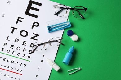 Photo of Vision test chart, glasses, lenses, bottles of medical drops and tweezers on green background, flat lay. Space for text