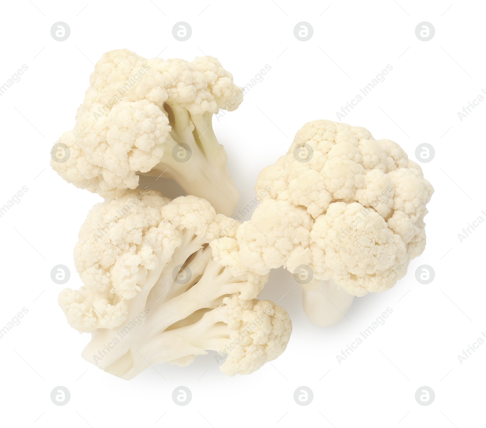 Photo of Fresh raw cauliflower florets isolated on white, top view