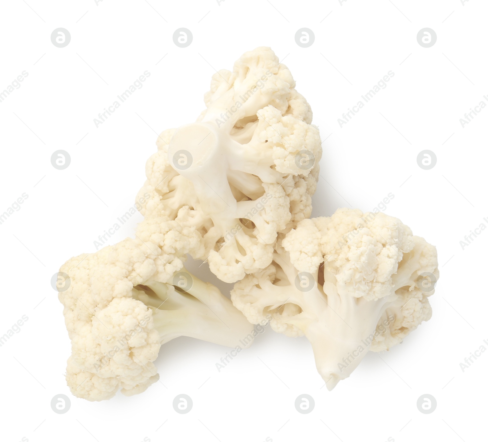 Photo of Fresh raw cauliflower florets isolated on white, top view