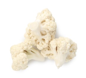 Photo of Fresh raw cauliflower florets isolated on white, top view