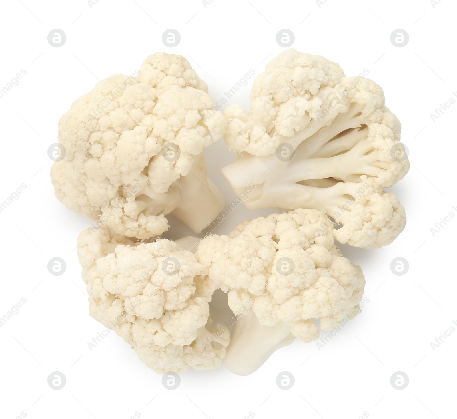 Fresh raw cauliflower florets isolated on white, top view Photo of Fresh raw cauliflower florets isolated on white, top view