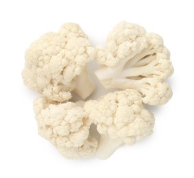 Photo of Fresh raw cauliflower florets isolated on white, top view