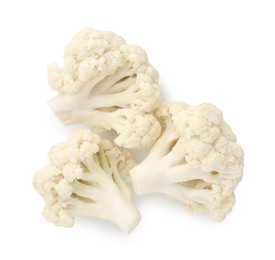 Photo of Fresh raw cauliflower florets isolated on white, top view