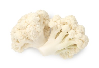 Photo of Fresh raw cauliflower florets isolated on white, top view