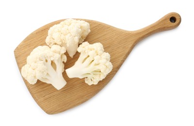 Photo of Fresh raw cauliflower florets isolated on white, top view