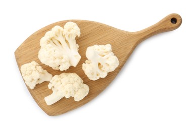 Photo of Fresh raw cauliflower florets isolated on white, top view