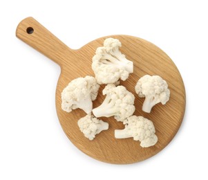 Photo of Fresh raw cauliflower florets isolated on white, top view