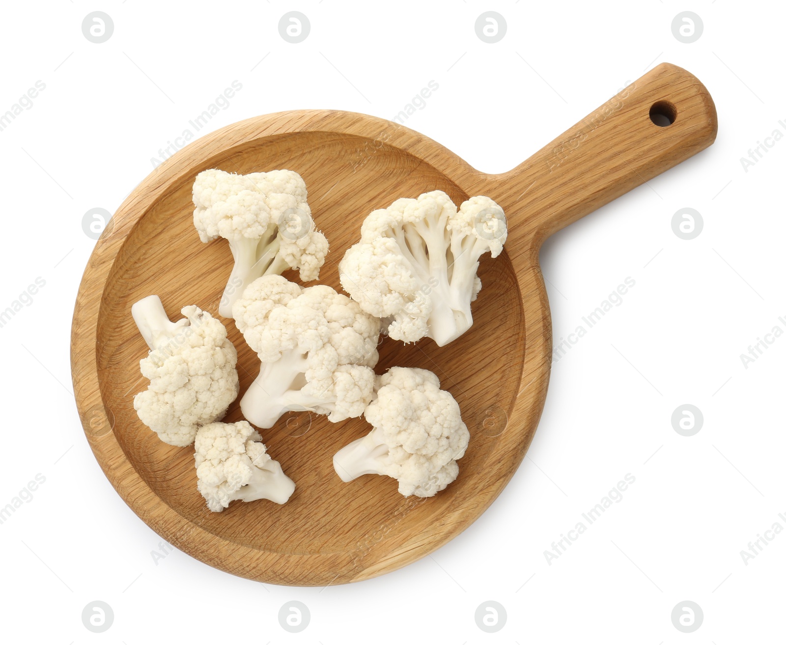 Fresh raw cauliflower florets isolated on white, top view Photo of Fresh raw cauliflower florets isolated on white, top view