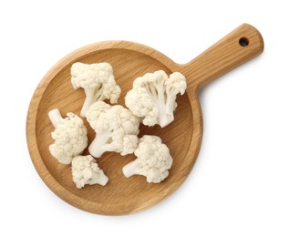 Photo of Fresh raw cauliflower florets isolated on white, top view
