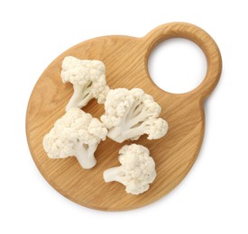 Photo of Fresh raw cauliflower florets isolated on white, top view