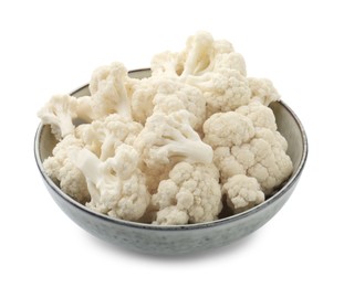 Photo of Fresh cauliflower florets in bowl isolated on white