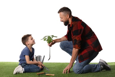 Photo of Father and his son planting tree into ground on white background