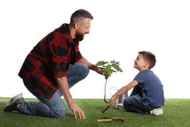 Photo of Father and his son planting tree into ground on white background