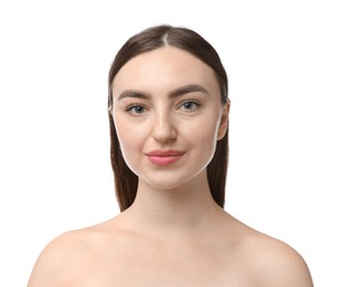 Photo of Portrait of beautiful woman on white background. Cosmetology and skincare