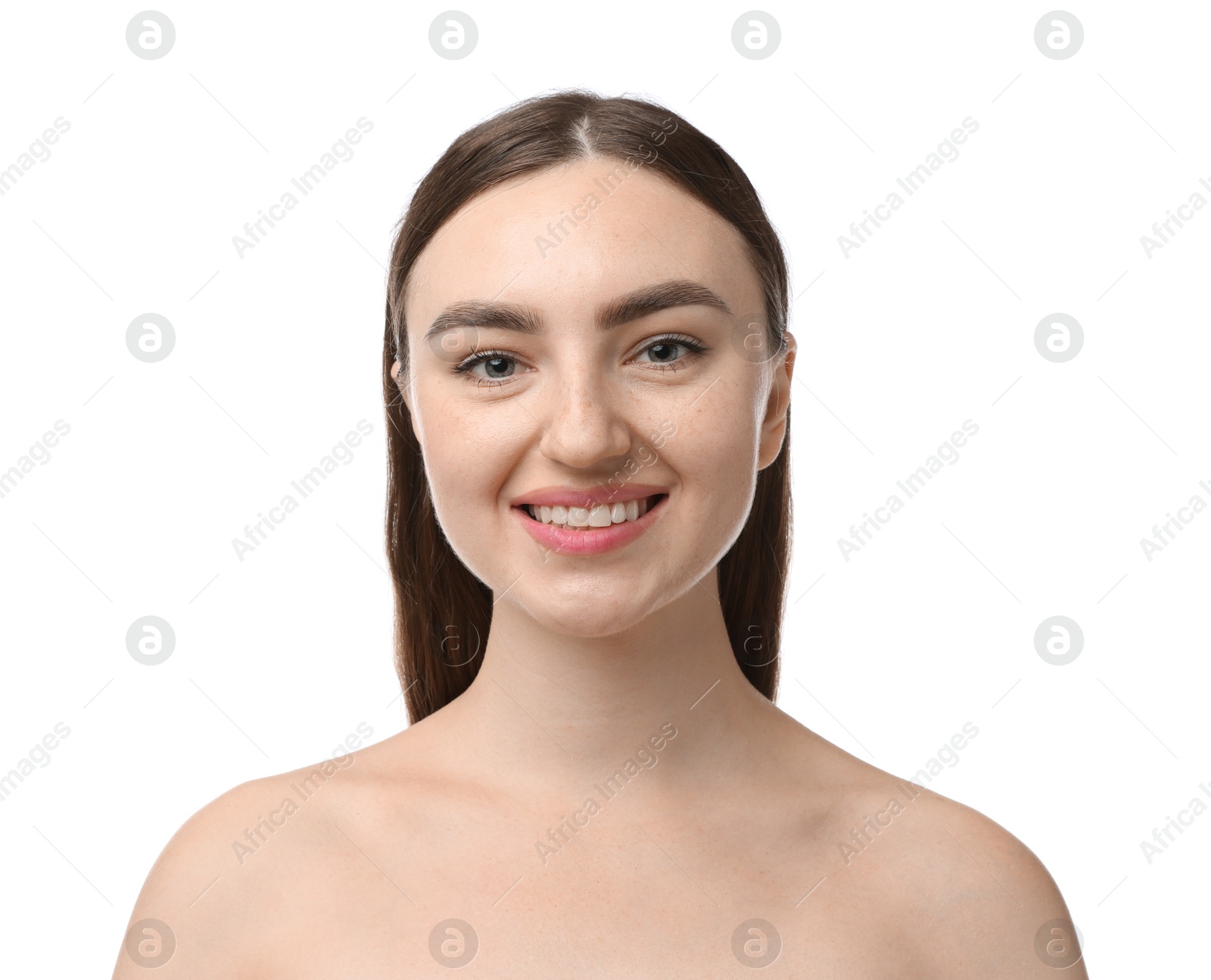 Portrait of beautiful woman on white background. Cosmetology and skincare Photo of Portrait of beautiful woman on white background. Cosmetology and skincare