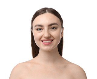 Photo of Portrait of beautiful woman on white background. Cosmetology and skincare