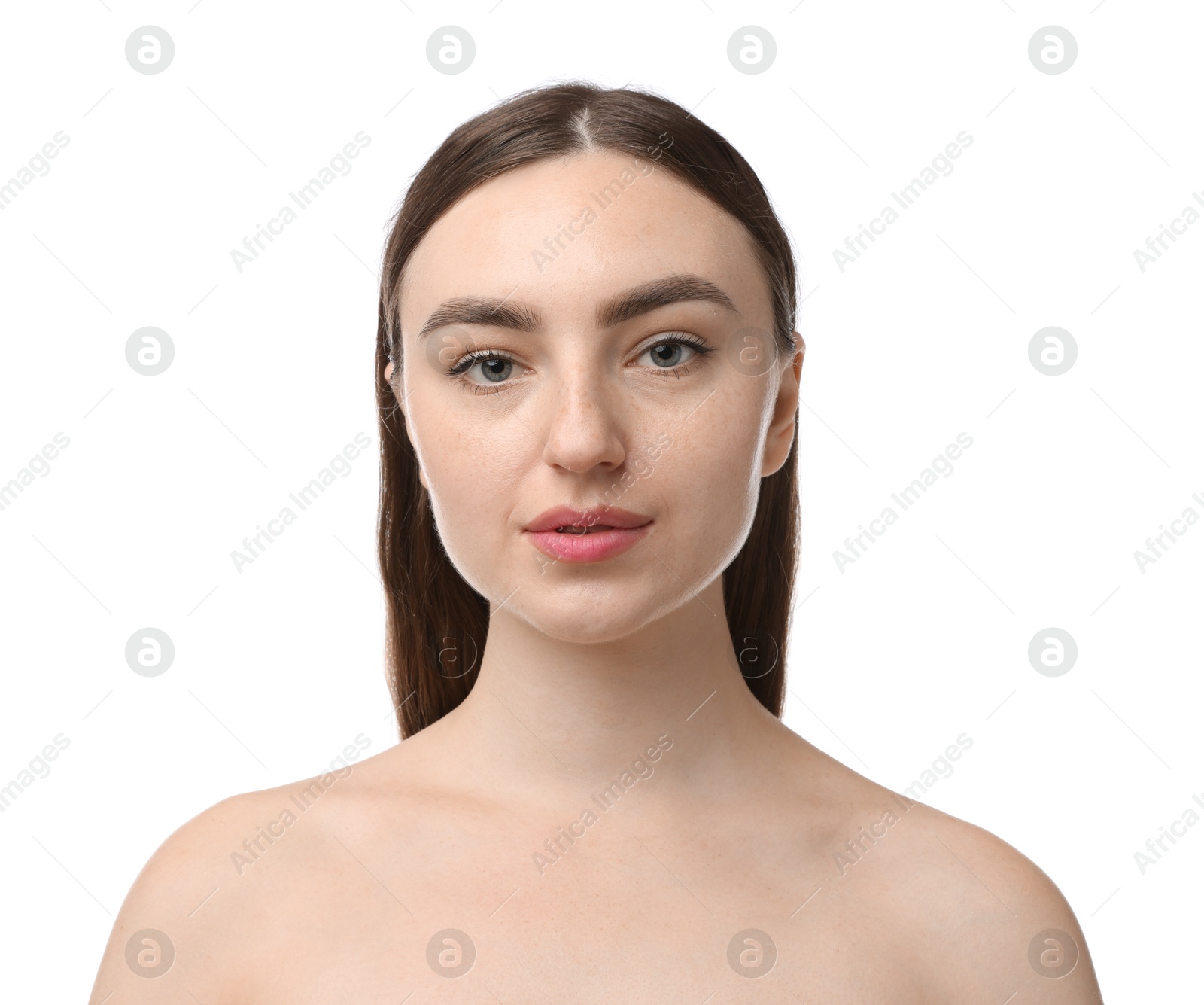 Portrait of beautiful woman on white background. Cosmetology and skincare Photo of Portrait of beautiful woman on white background. Cosmetology and skincare