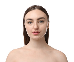 Photo of Portrait of beautiful woman on white background. Cosmetology and skincare