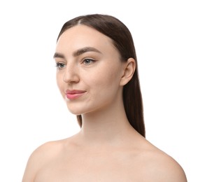 Photo of Portrait of beautiful woman on white background. Cosmetology and skincare