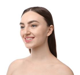 Photo of Portrait of beautiful woman on white background. Cosmetology and skincare