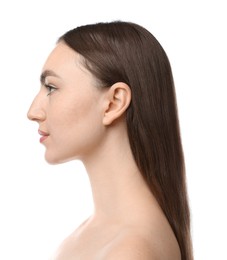 Photo of Portrait of beautiful woman on white background. Cosmetology and skincare
