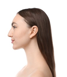 Photo of Portrait of beautiful woman on white background. Cosmetology and skincare