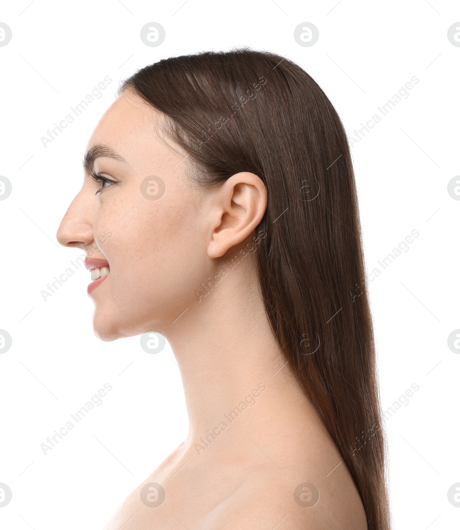 Portrait of beautiful woman on white background. Cosmetology and skincare Photo of Portrait of beautiful woman on white background. Cosmetology and skincare