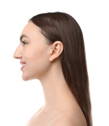 Photo of Portrait of beautiful woman on white background. Cosmetology and skincare