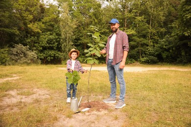 Photo of Father and his son planting tree into soil outdoors