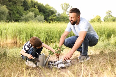 Photo of Father and his son planting tree into soil outdoors