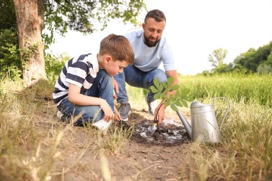 Photo of Father and his son planting tree into soil outdoors