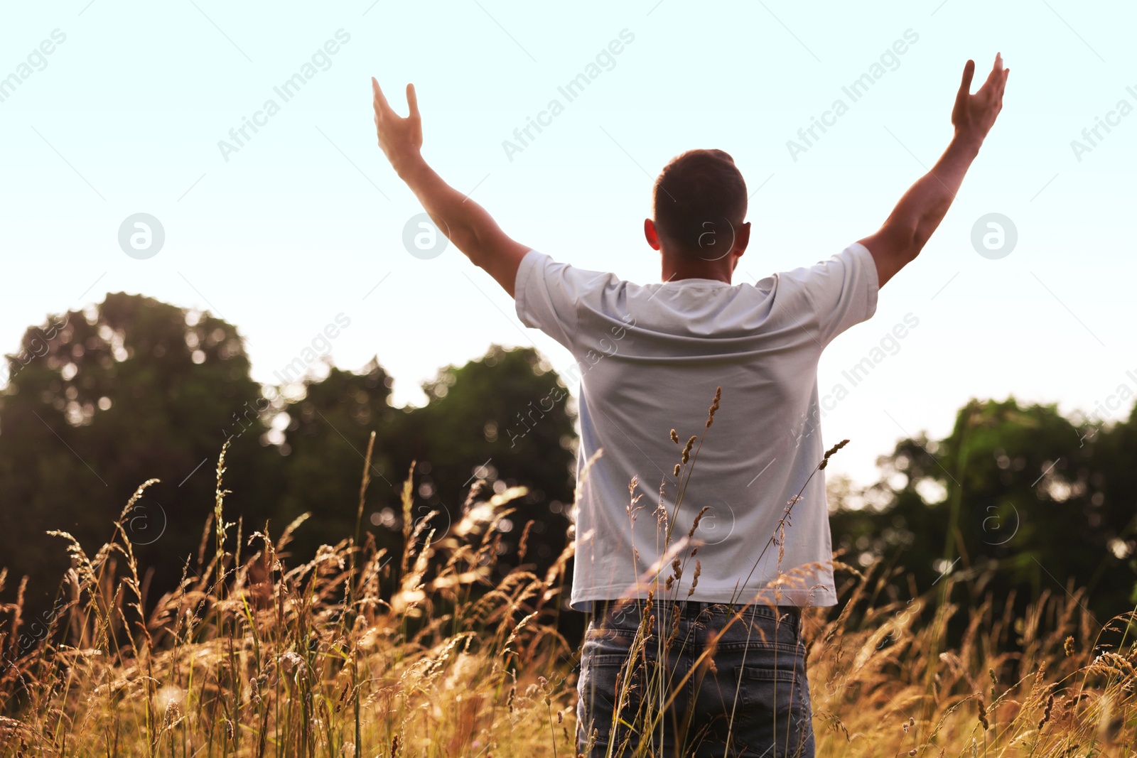 Feeling freedom. Man enjoying time outdoors, back view. Space for text Photo of Feeling freedom. Man enjoying time outdoors, back view. Space for text