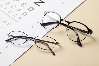 Photo of Vision test chart and glasses on beige background, closeup