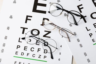 Photo of Glasses on vision test charts, flat lay