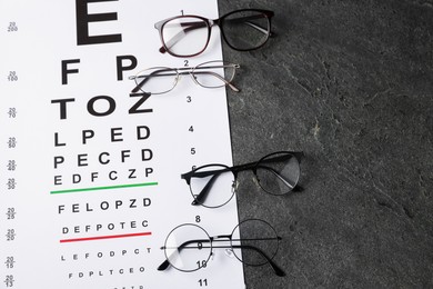 Photo of Vision test chart and glasses on grey table, above view. Space for text