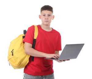 Photo of Teenage boy with laptop and backpack on white background