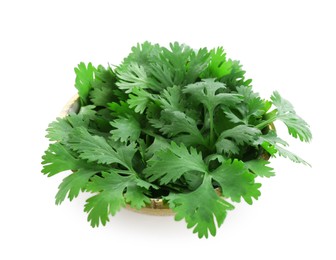 Photo of Aromatic cilantro in bowl isolated on white